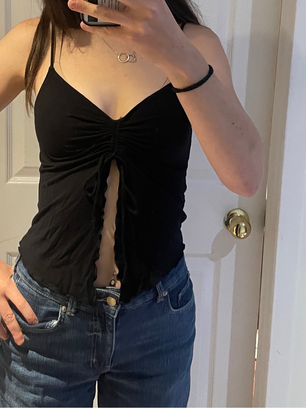 Black Ruched Front Tie Cami Top - Women